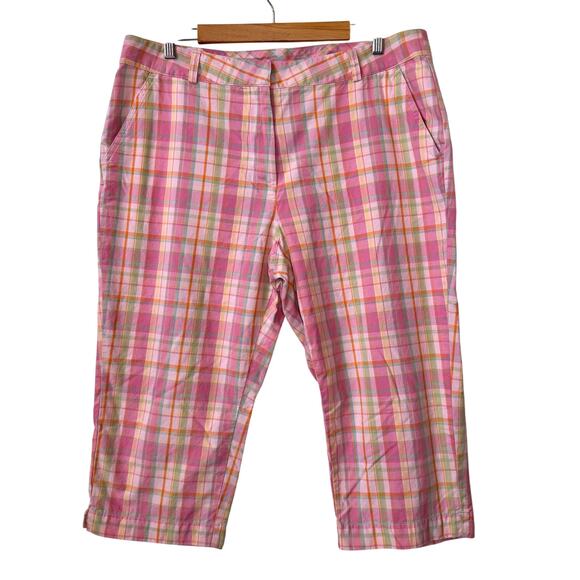 Vtg LL Bean Capri Pant Womens 16 Plaid Cotton Picnic Camping Summer Coastal Pink - Picture 1 of 9
